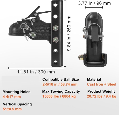 Adjustable Trailer Coupler and 5-Position Channel Bracket Kit, 2-5/16" Hitch Ball, 15000 lbs Capacity, Heavy Duty Cast Channel-Mount Coupler, for Towing Camper, Pickup Truck, SUV, Black Coating