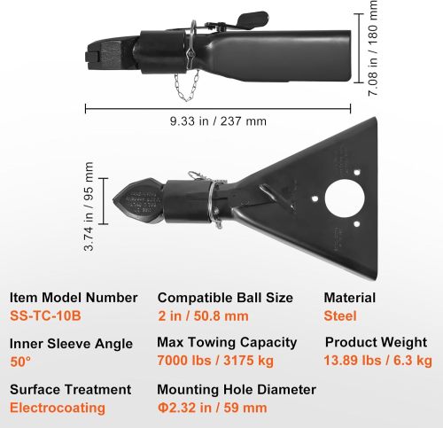 A-Frame Trailer Coupler, Fits 2-Inch Hitch Ball Size, 7000 lbs Towing Capacity, Heavy Duty Steel Coupler, Ideal for Towing Station Wagons, Pickup Trucks, SUVs, Campers, Black Coating Surface