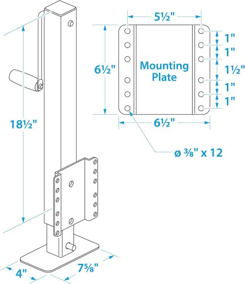 Heavy Duty Trailer Jack, Fixed Mount Jack w/Drop Leg, 28.6 in. of Lift, Max Load 2,500 Lbs.