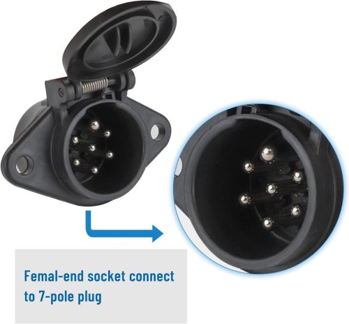 7-Pin Round Vehicle-Side Female-End Socket Replacement SAE J560 Style, Durable Glass-Filled Nylon Housing 7-Way Round Electrical Connector, Semi Truck Trailer Wiring Harness Car End - Black