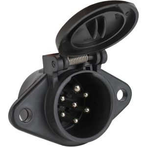 7-Pin Round Vehicle-Side Female-End Socket Replacement SAE J560 Style, Durable Glass-Filled Nylon Housing 7-Way Round Electrical Connector, Semi Truck Trailer Wiring Harness Car End - Black