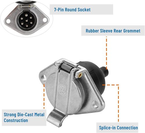 7-Pin Round Vehicle-Side Female-End Socket Replacement SAE J560 Style, Die-Cast Zinc Housing 7-Way Round Electrical Connector, Semi Truck Trailer Wiring Harness Car End - Sliver