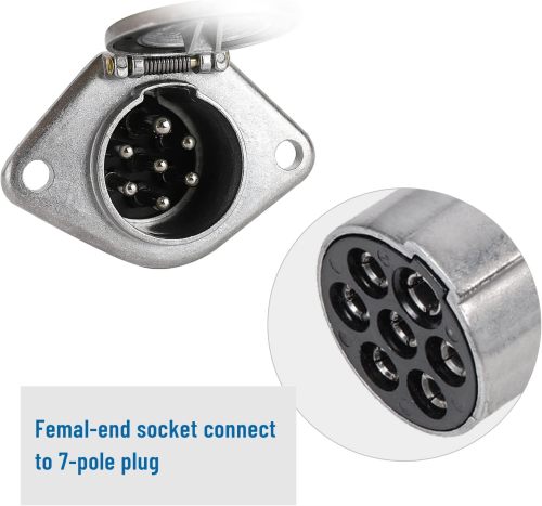 7-Pin Round Vehicle-Side Female-End Socket Replacement SAE J560 Style, Die-Cast Zinc Housing 7-Way Round Electrical Connector, Semi Truck Trailer Wiring Harness Car End - Sliver