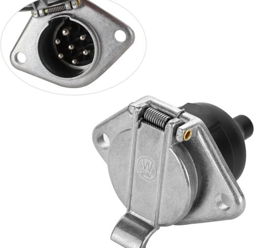 7-Pin Round Vehicle-Side Female-End Socket Replacement SAE J560 Style, Die-Cast Zinc Housing 7-Way Round Electrical Connector, Semi Truck Trailer Wiring Harness Car End - Sliver