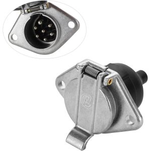 7-Pin Round Vehicle-Side Female-End Socket Replacement SAE J560 Style, Die-Cast Zinc Housing 7-Way Round Electrical Connector, Semi Truck Trailer Wiring Harness Car End - Sliver
