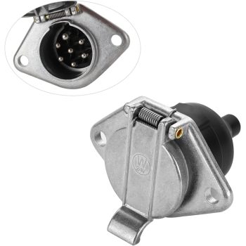 7-Pin Round Vehicle-Side Female-End Socket Replacement SAE J560 Style, Die-Cast Zinc Housing 7-Way Round Electrical Connector, Semi Truck Trailer Wiring Harness Car End - Sliver