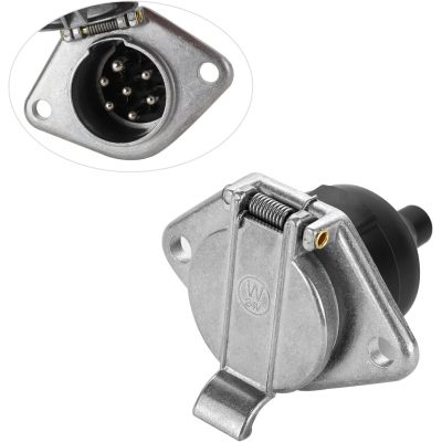 7-Pin Round Vehicle-Side Female-End Socket Replacement SAE J560 Style, Die-Cast Zinc Housing 7-Way Round Electrical Connector, Semi Truck Trailer Wiring Harness Car End - Sliver