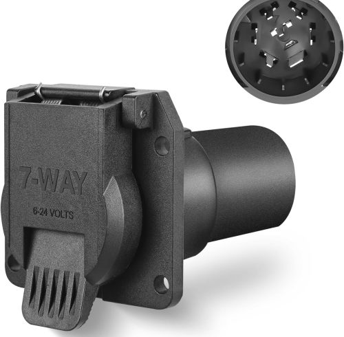 Heavy Duty 7 Pin Round Trailer Connector Assembly Die Cast with Extension Spring Guard 7 Way Replacement Plug Wiring Harness Power Adapter for Semi Truck Tractor Trailer