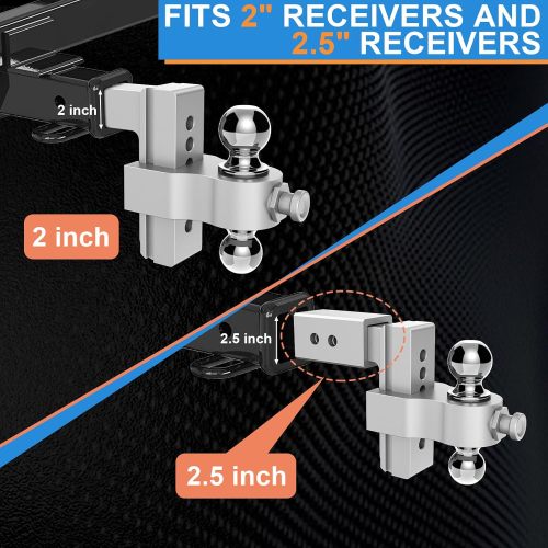 Adjustable Trailer Hitch, Drop Hitch Fits 2 Inch Receiver, Height Aluminum Tow Hitches with Dual Ball (2" x 2-5/16") GTW 12,500 LBS, Heavy Duty Towing Hitch Ball Mount