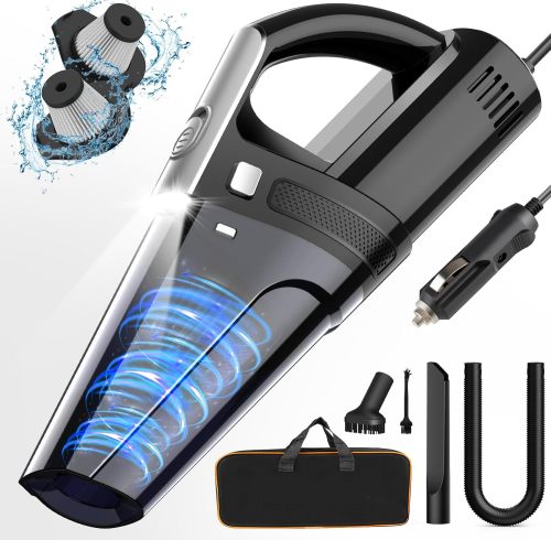 ATCV-1009 Portable Car Vacuum Cleaner 12V DC Auto Handheld Vacuum LED Light Dust Cup & Storage Bag Lightweight for Car Cleaning