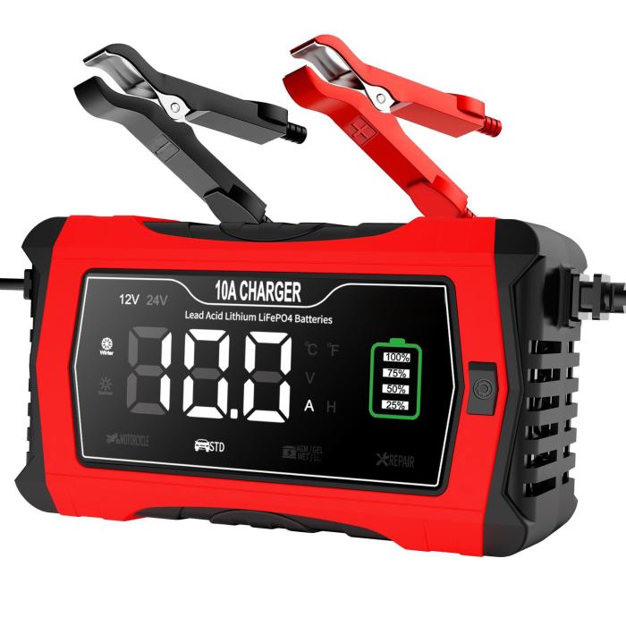 ATLI 12V 24V Voltage Smart Battery Charger/Maintainer - Automatic Car Truck Boat SUV AGM Lithium Lead Acid Battery Charging with LCD Display & Overcharge Protection