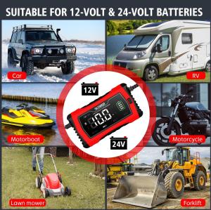 ATLI 12V 24V Voltage Smart Battery Charger/Maintainer - Automatic Car Truck Boat SUV AGM Lithium Lead Acid Battery Charging with LCD Display & Overcharge Protection