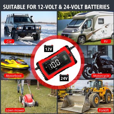 ATLI 12V 24V Voltage Smart Battery Charger/Maintainer - Automatic Car Truck Boat SUV AGM Lithium Lead Acid Battery Charging with LCD Display & Overcharge Protection