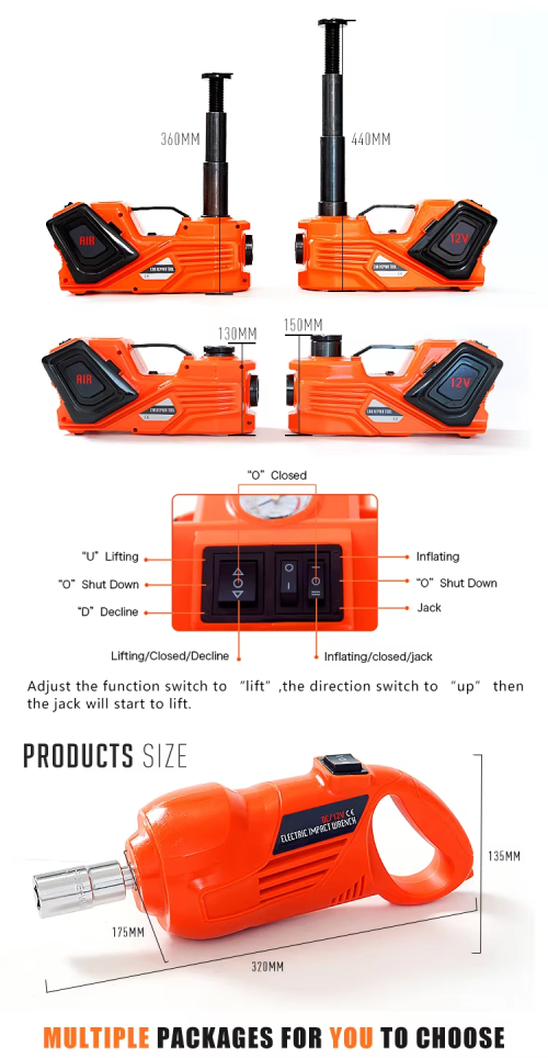 AtliFix ATFX-1361/1362 Car Repair 12V DC 3 in 1 Tire Inflator and Flashlight with Electric Impact Wrench 3.5T Electric Hydraulic car Floor Jack