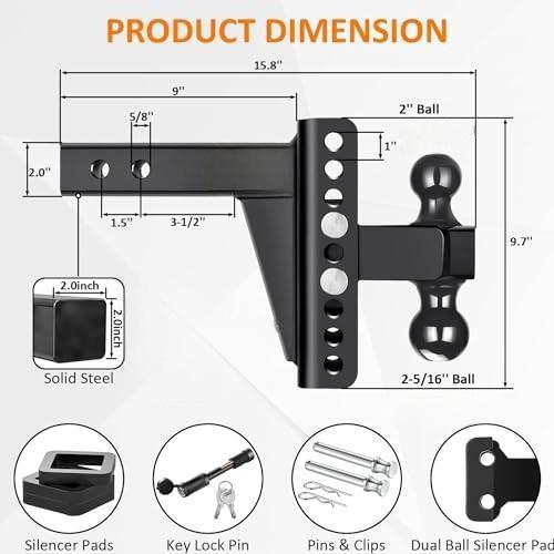 RR8285 Steel Adjustable Receiver with Double Lock Hitch Tow Balls New Condition Trailer Parts