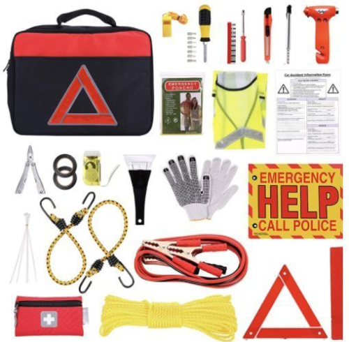 ATLI ATEK-3046 Roadside Assistance Auto Emergency Kit Car First Aid Kit Square Bag Contains Jumper Cables, Tools, and so on for Your Car