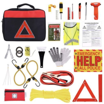 ATLI ATEK-3046 Roadside Assistance Auto Emergency Kit Car First Aid Kit Square Bag Contains Jumper Cables, Tools, and so on for Your Car