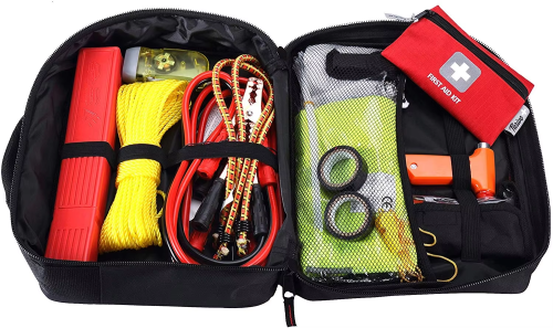 ATLI Roadside Assistance Auto Emergency Kit Car First Aid Kit Square Bag Contains Jumper Cables, Tools, and so on for Your Car