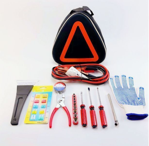 ATLI ATEK-3040 Roadside Assistance Auto Emergency Kit Car First Aid Kit Square Bag Contains Jumper Cables, Tools, and so on for Your Car