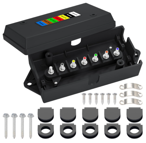 7 Way Trailer Cord and 7 Gang Junction Box Kit with 12V Breakaway Switch and Plug Holder Heavy Duty 8 FT Trailer Wiring Harness Kit for Trailers RVs Campers