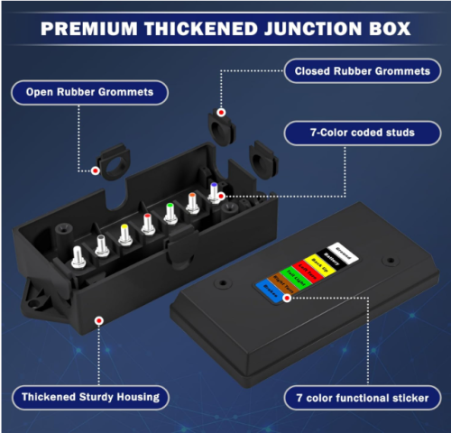 7 Way Trailer Cord and 7 Gang Junction Box Kit with 12V Breakaway Switch and Plug Holder Heavy Duty 8 FT Trailer Wiring Harness Kit for Trailers RVs Campers
