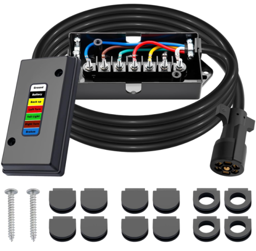 15 FT 7 Way Trailer Cord and 7 Gang Junction Box Kit with 12 V Breakaway Switch and Plug Holder Heavy Duty Trailer Wiring Harness Kit for Trailers RVs Campers