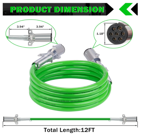 2 Pack 7 Way Trailer Cord 12 FT ABS Electrical Power Cord Heavy Duty Green Straight Power Wire Cable for Semi Trucks Trailers Tractors