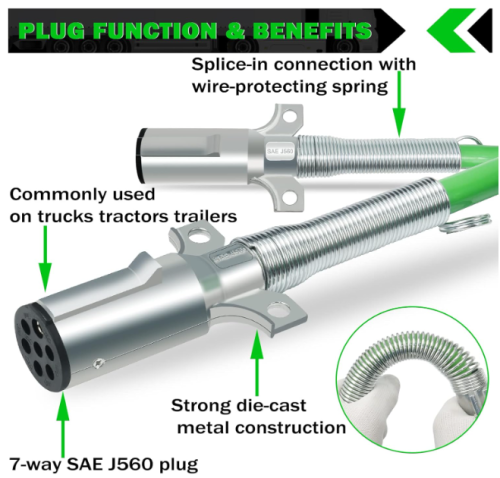 2 Pack 7 Way Trailer Cord 12 FT ABS Electrical Power Cord Heavy Duty Green Straight Power Wire Cable for Semi Trucks Trailers Tractors