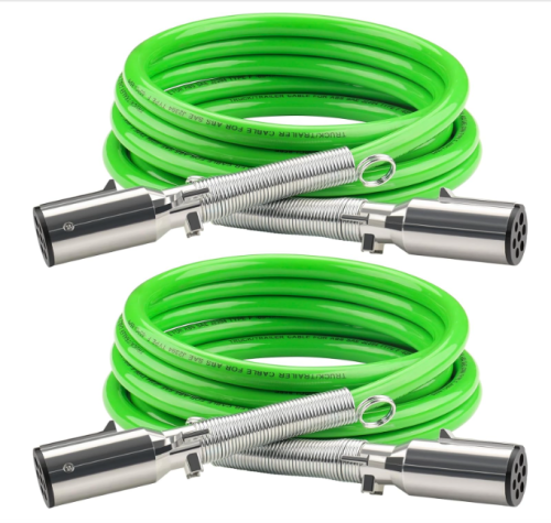 2 Pack 7 Way Trailer Cord 12 FT ABS Electrical Power Cord Heavy Duty Green Straight Power Wire Cable for Semi Trucks Trailers Tractors