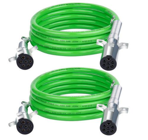 2 Pack 7 Way Trailer Cord 12 FT ABS Electrical Power Cord Heavy Duty Green Straight Power Wire Cable for Semi Trucks Trailers Tractors