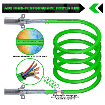 2 Pack 7 Way Trailer Cord 15 FT ABS Electrical Trailer Wire Heavy Duty Green Straight Power Cable for Semi Trucks Trailers Tractors