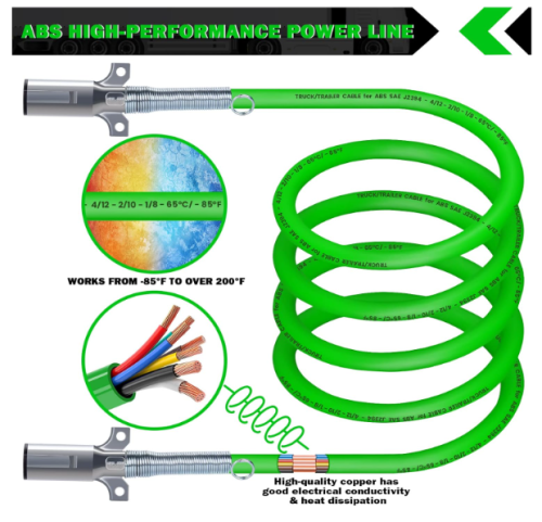 2 Pack 7 Way Trailer Cord 15 FT ABS Electrical Trailer Wire Heavy Duty Green Straight Power Cable for Semi Trucks Trailers Tractors