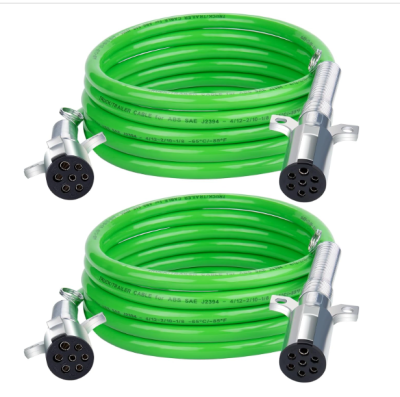 2 Pack 7 Way Trailer Cord 15 FT ABS Electrical Trailer Wire Heavy Duty Green Straight Power Cable for Semi Trucks Trailers Tractors