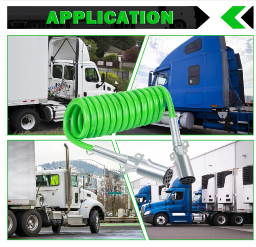 7 Way Coiled Trailer Cord 12 FT Green ABS Electrical Power Coil Heavy Duty Cable Power Wire for Semi Trucks Trailer Tractors