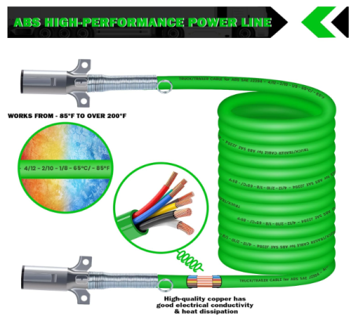 7 Way Coiled Trailer Cord 12 FT Green ABS Electrical Power Coil Heavy Duty Cable Power Wire for Semi Trucks Trailer Tractors