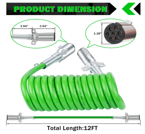 7 Way Coiled Trailer Cord 12 FT Green ABS Electrical Power Coil Heavy Duty Cable Power Wire for Semi Trucks Trailer Tractors