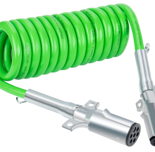 7 Way Coiled Trailer Cord 12 FT Green ABS Electrical Power Coil Heavy Duty Cable Power Wire for Semi Trucks Trailer Tractors