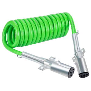 7 Way Coiled Trailer Cord 12 FT Green ABS Electrical Power Coil Heavy Duty Cable Power Wire for Semi Trucks Trailer Tractors