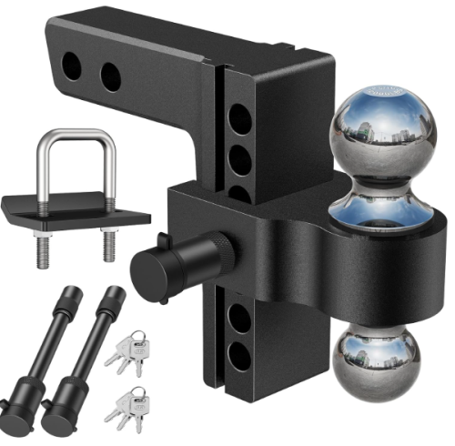 6 Inch Adjustable Trailer Hitch Fit 2 Inch Receiver, Dual Solid Ball 2" and 2-5/16"(12,500 LBS GTW), Drop & Rise Heavy Duty Aluminum Tow Hitch with 2" Hitch Tightener & 2 Locking Hitch Pin