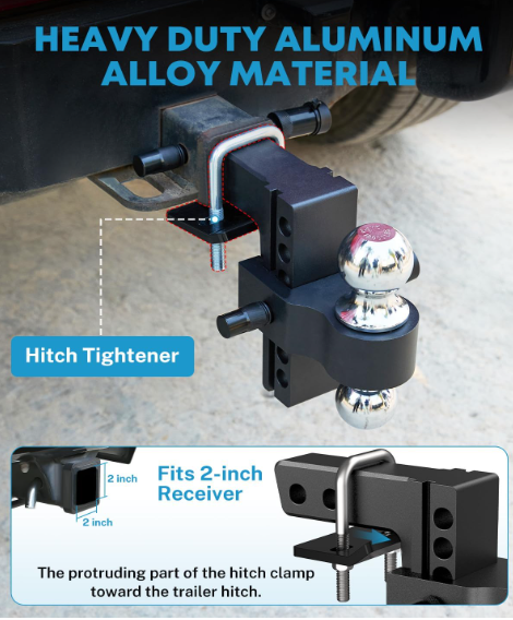 6 Inch Adjustable Trailer Hitch Fit 2 Inch Receiver, Dual Solid Ball 2" and 2-5/16"(12,500 LBS GTW), Drop & Rise Heavy Duty Aluminum Tow Hitch with 2" Hitch Tightener & 2 Locking Hitch Pin