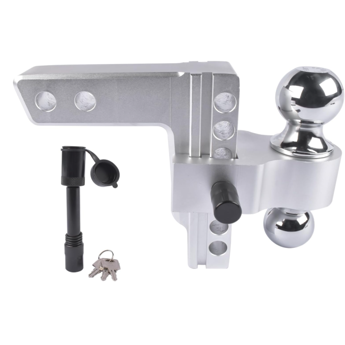 Aluminum Adjustable Trailer Hitch Fits 2-inch Receiver, 6-inch Drop, Solid Tube Hitch -12,500 LBS for Heavy Duty Truck with Double Stainless-Steel Locks, Silver