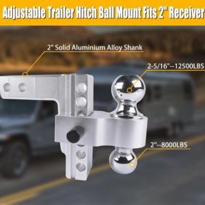 Aluminum Adjustable Trailer Hitch Fits 2-inch Receiver, 6-inch Drop, Solid Tube Hitch -12,500 LBS for Heavy Duty Truck with Double Stainless-Steel Locks, Silver