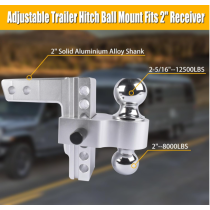 Aluminum Adjustable Trailer Hitch Fits 2-inch Receiver, 6-inch Drop, Solid Tube Hitch -12,500 LBS for Heavy Duty Truck with Double Stainless-Steel Locks, Silver