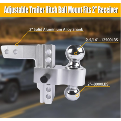 Aluminum Adjustable Trailer Hitch Fits 2-inch Receiver, 6-inch Drop, Solid Tube Hitch -12,500 LBS for Heavy Duty Truck with Double Stainless-Steel Locks, Silver