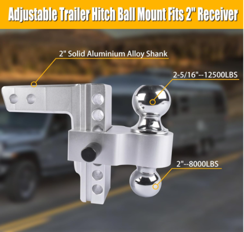 Aluminum Adjustable Trailer Hitch Fits 2-inch Receiver, 6-inch Drop, Solid Tube Hitch -12,500 LBS for Heavy Duty Truck with Double Stainless-Steel Locks, Silver