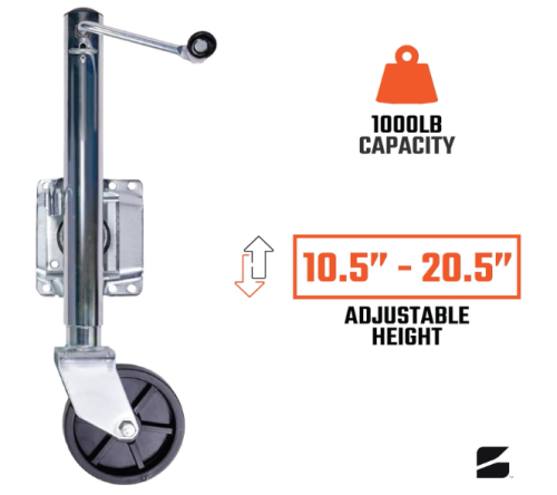 Bolt On Boat Trailer Jack with Wheel | Heavy-Duty | Side Mount Swivel Tongue | Side-Wind Crank | 10" Travel | 6-Inch Wheel | Stainless Steel | 1000lb Capacity