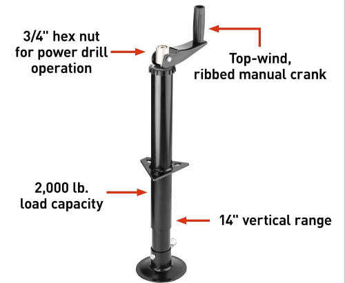 ATLI Heavy Duty Quick Release Drop Leg Trailer Jack for A-Frame Travel/Cargo/Utility Trailers & 5th Wheel RVs Black Powder Coated