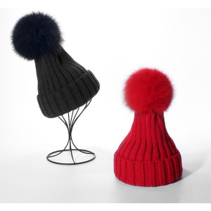 custom plain beanie hat with faux fox fur pom pom