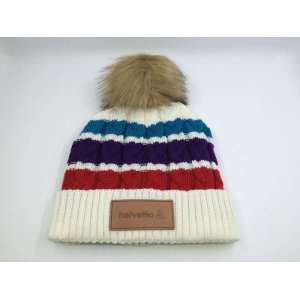 custom polar fleece lining knitted beanie hat with FAKE RACCOON POMPOM