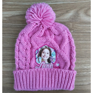 customized pink thick knit hat for kid with cartoon patches